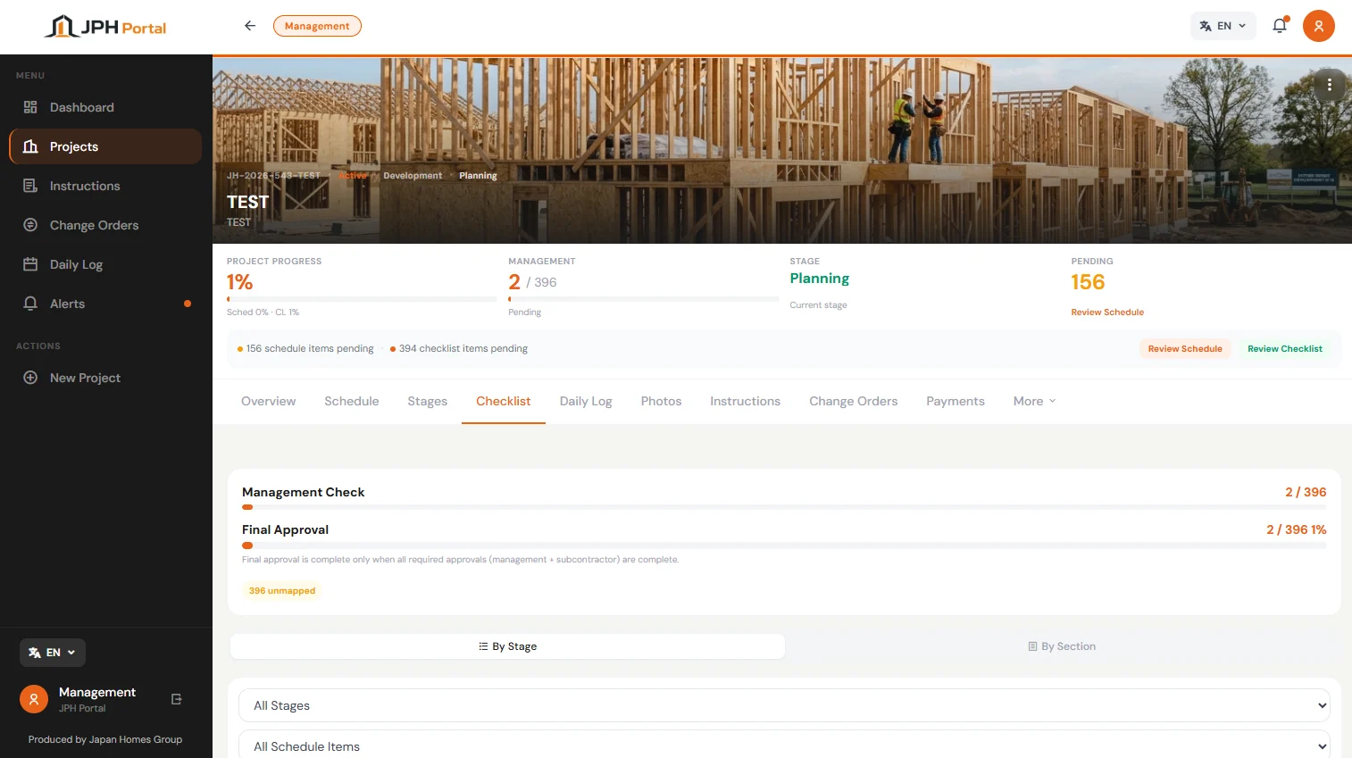 Japan Homes project management platform desktop dashboard